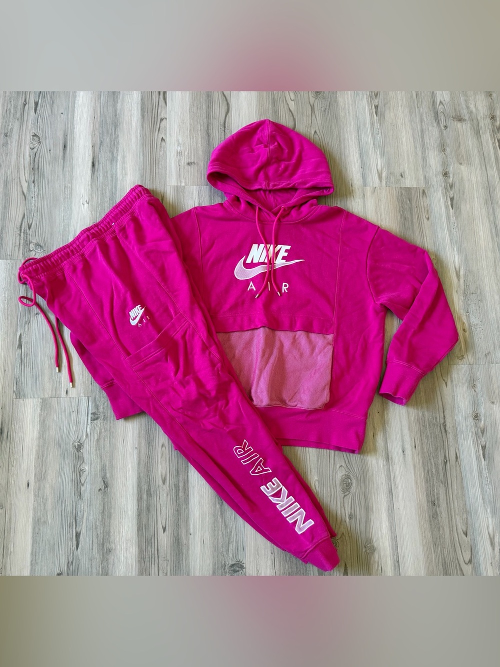 Nike Air Logo Women's Pink White Mesh Pocket Hoodie Pants Sweatsuit Small S